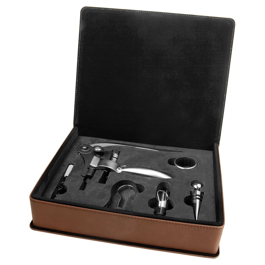 Personalized Light Brown Laserable Leatherette 5-Piece Wine Tool Gift Set - WTL72