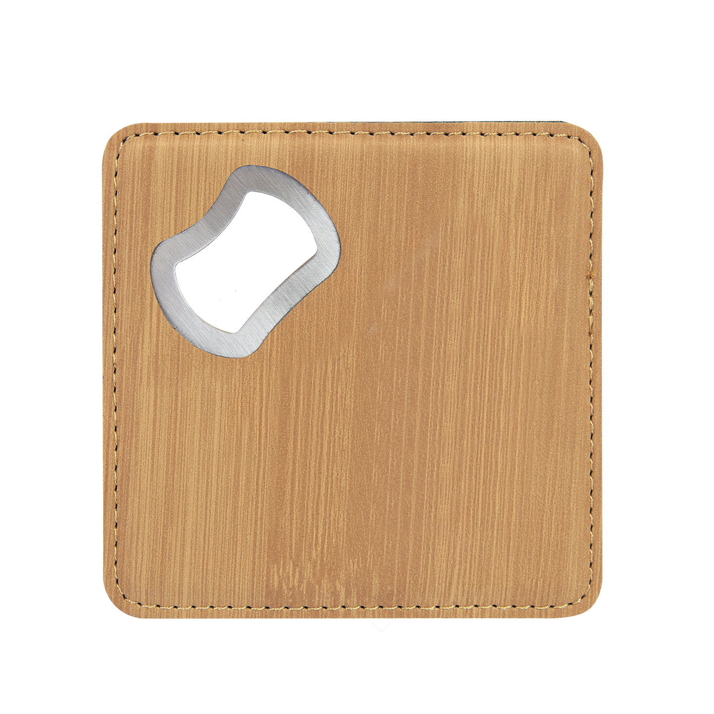 Sleek bottle opener and coaster combination, perfect for a personalized gift!