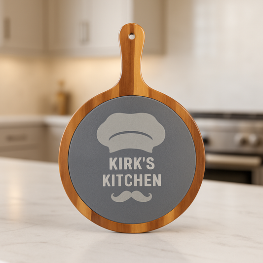 Round Acacia Wood/Slate Serving Board with Handle